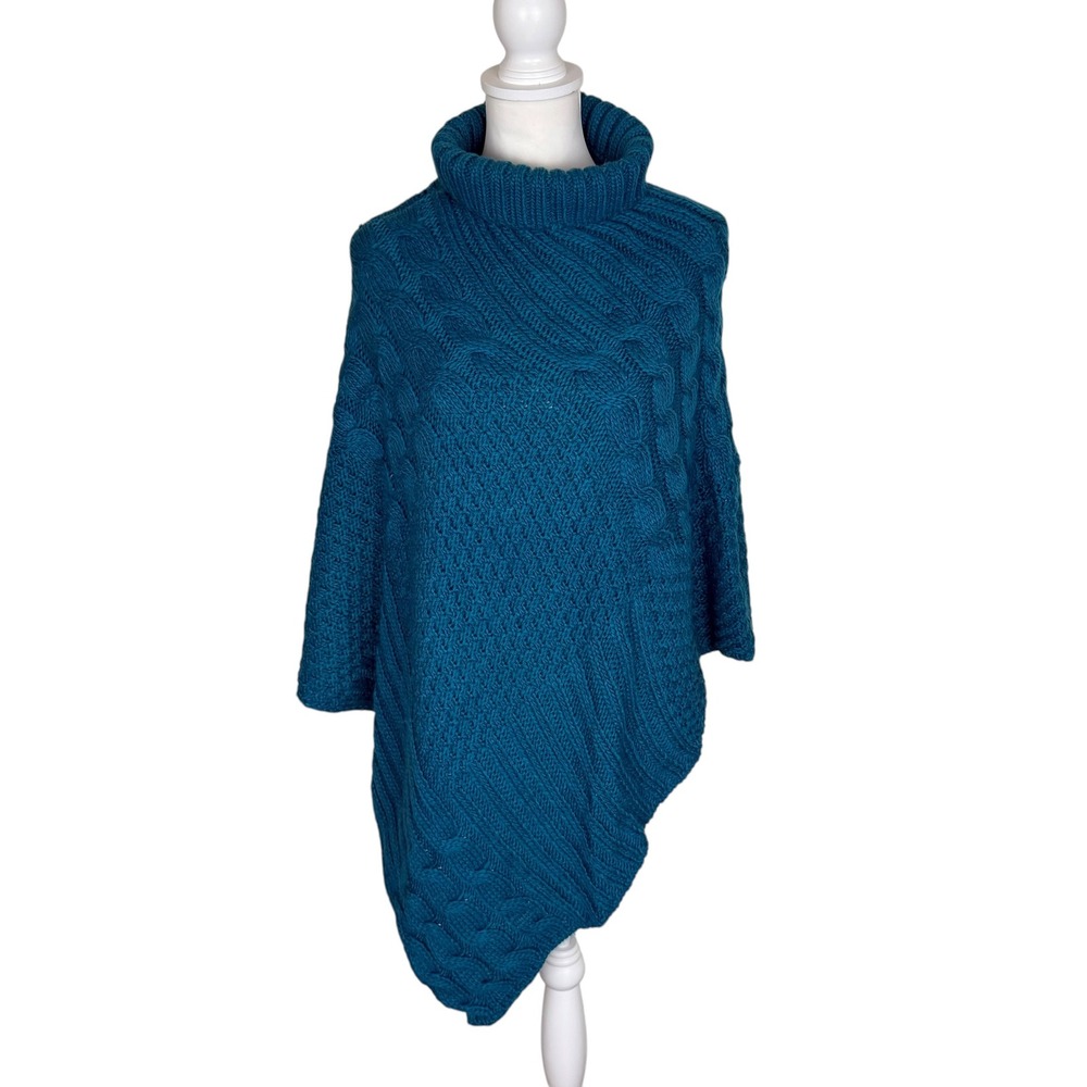 Chicos Womens Teal Blue Cable Knit Turtleneck Asymmetrical Poncho Wrap L/XL